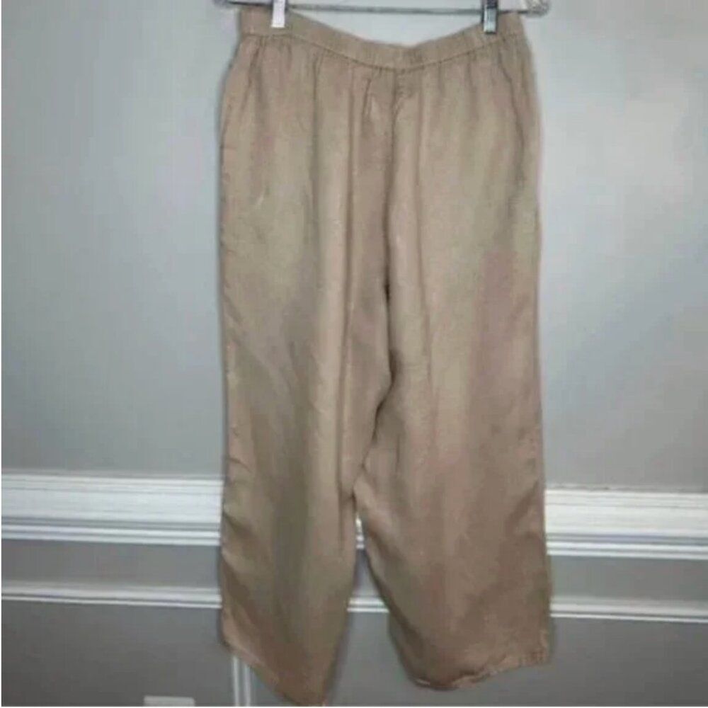 FLAX Women's Oatmeal Linen Pant Lagenlook Coastal Minimalist Pull On Cropped Med